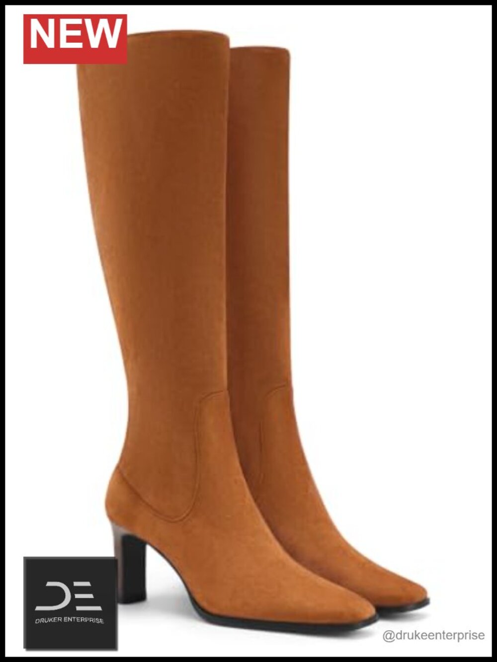 Square Toe Chunky Heel Knee High Dress Boots with Zipper Faux Suede Women